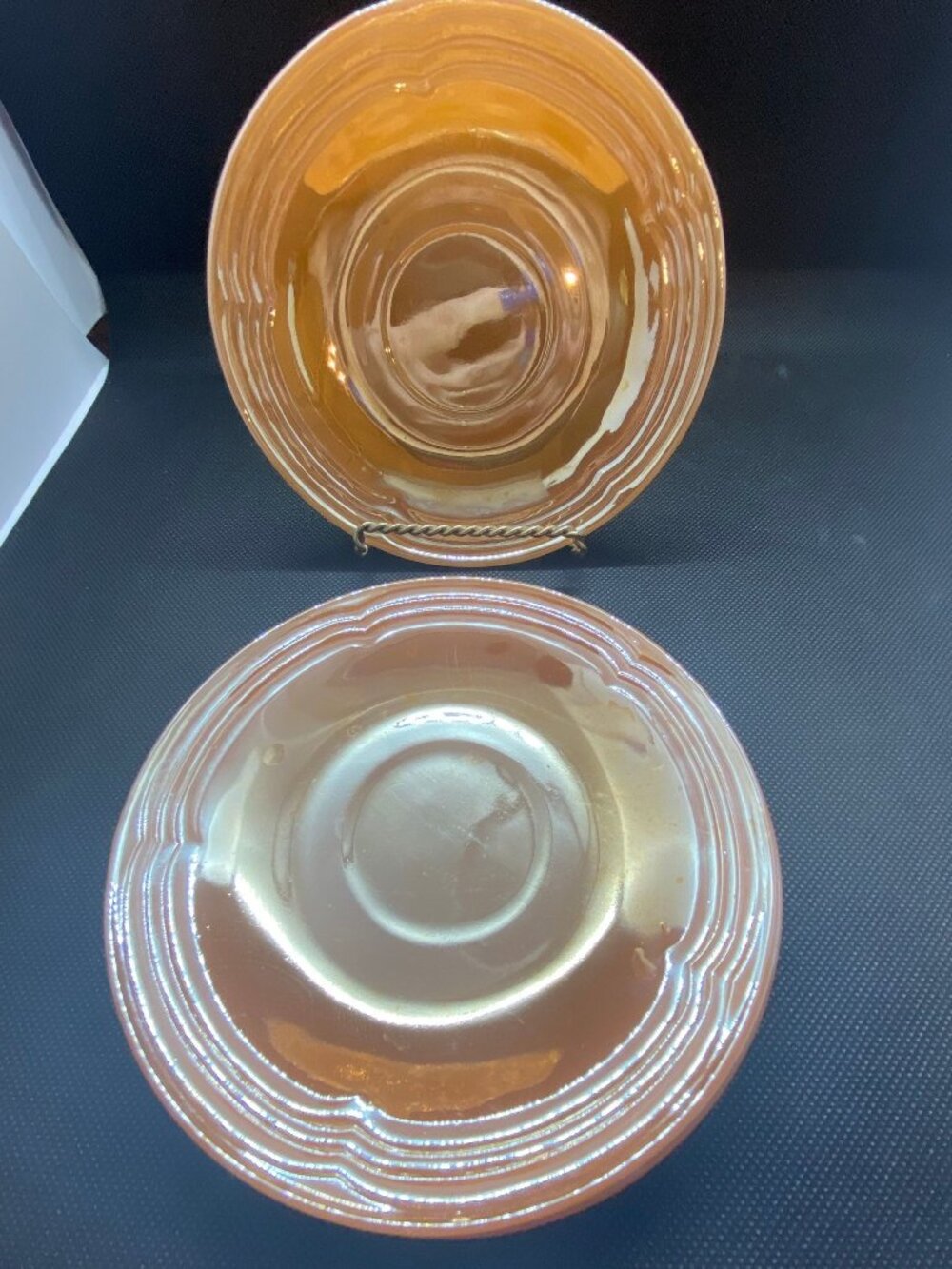 Fireking Peach Lustre Carnival Glass 3 Bands pattern Saucers. Set of 3